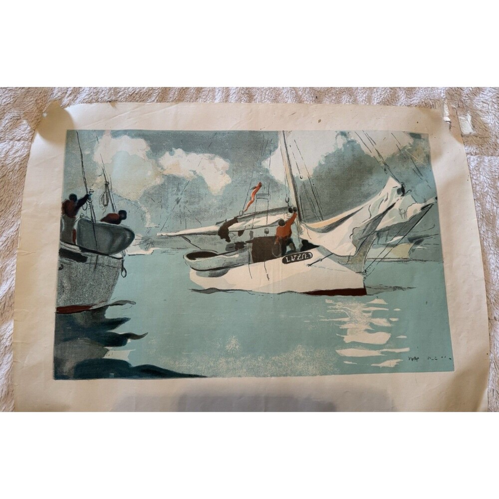 Vintage Print Fishing Boats Key West Watercolor Homer Winslow Canvas Paper 26x19